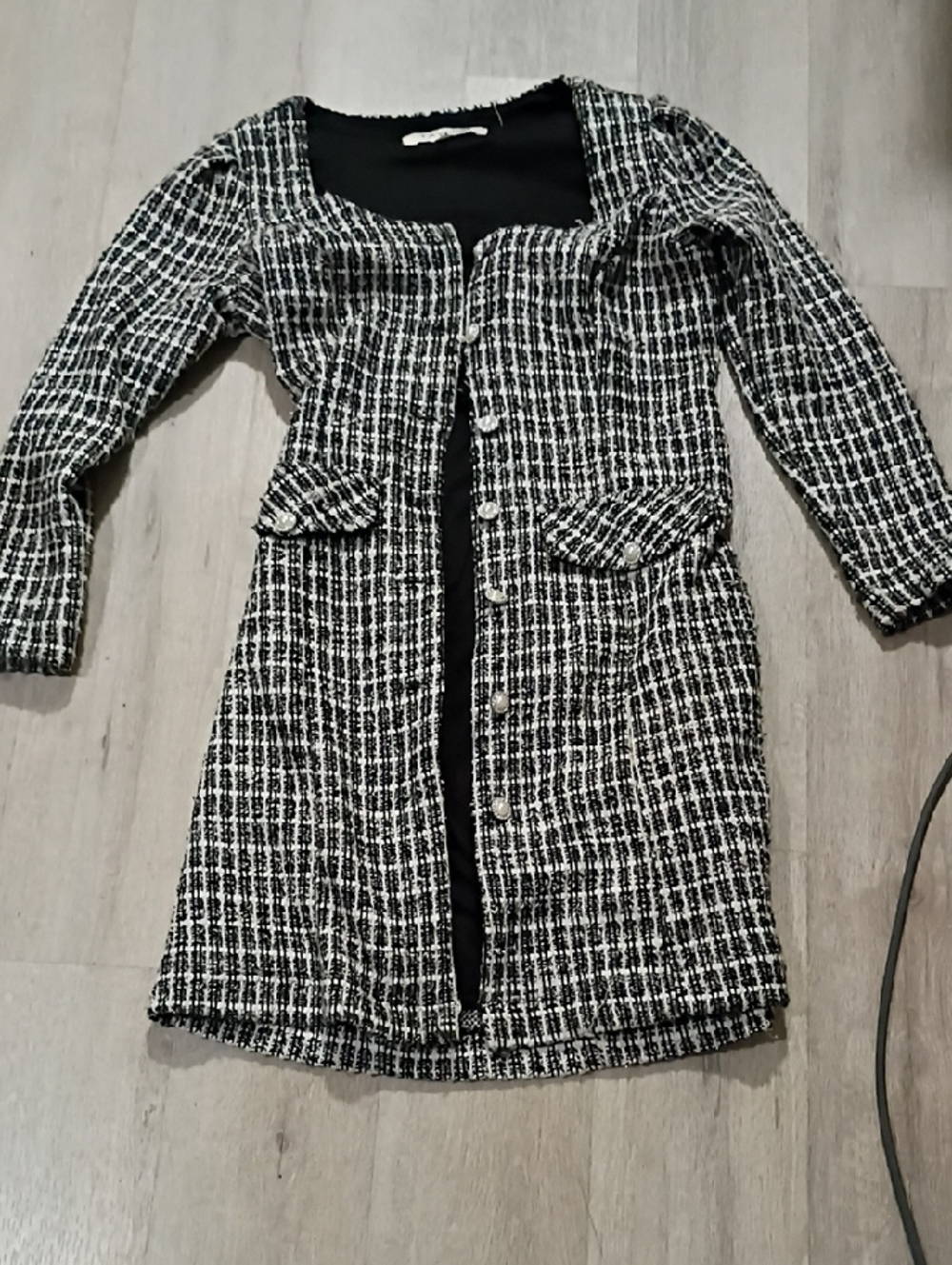 Black and White Tweed Button-Front Dress